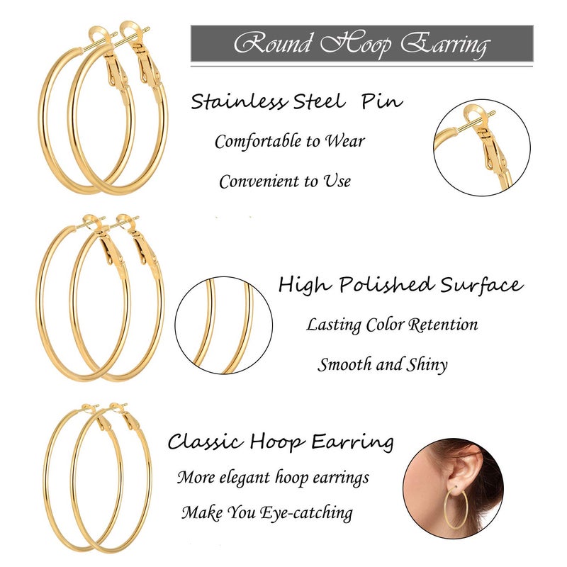 Cuicanstar 5 Pairs Gold Plated Hoop Earrings for Women, 14K Gold Plated Hypoallergenic Stainless Steel Hoop Earrings Set, Lightweight Large Small Gold Hoops Set - Image 4